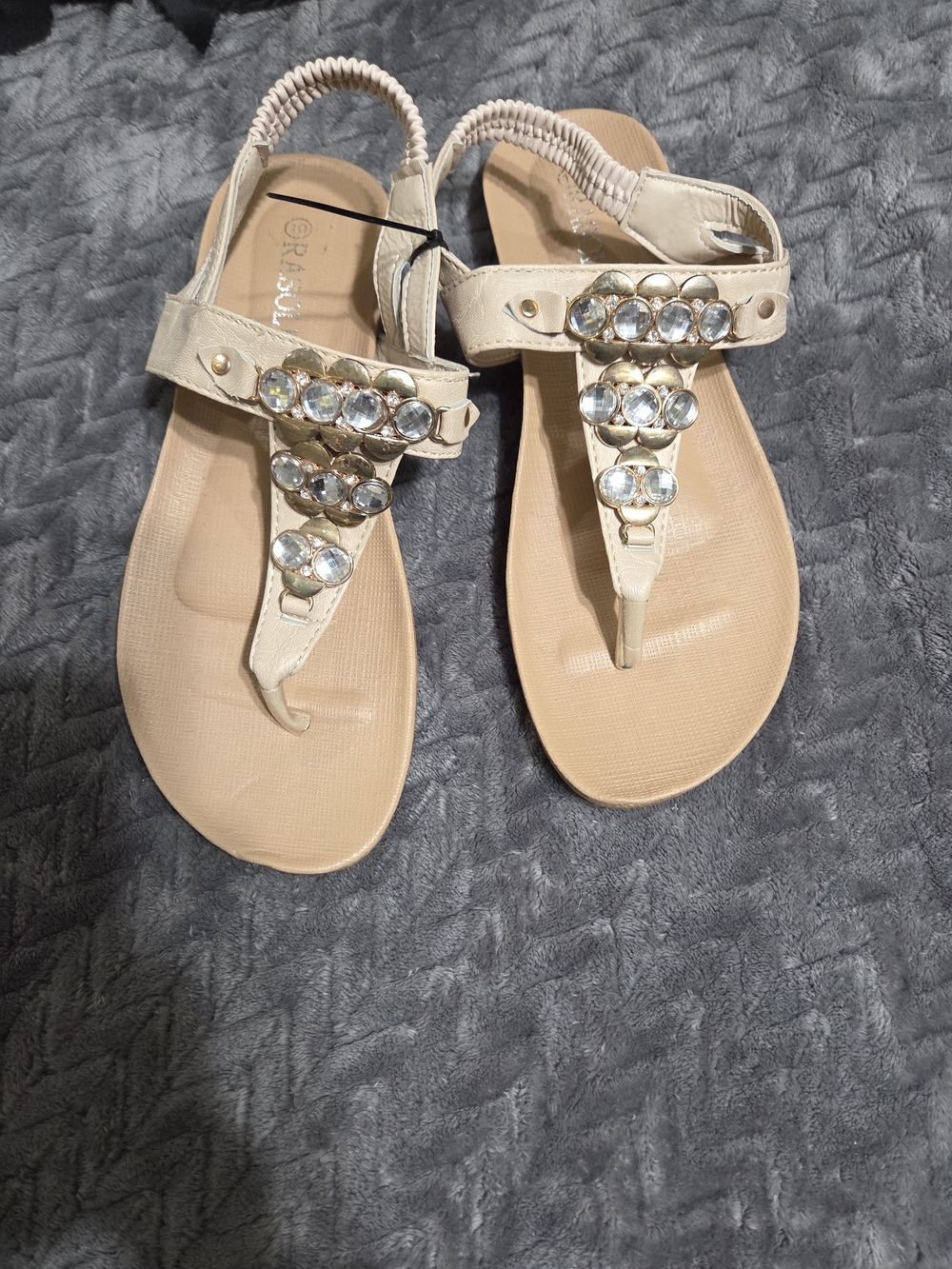 Rasolli Cream Jeweled T-Strap Women's Sandals